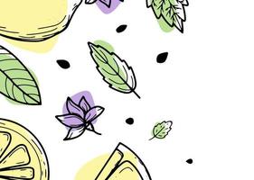 fundo bonito com limões, flores, deixe. ilustração em vetor desenhado à mão de frutas. banner no estilo de gravura. citrino vintage e design botânico. para pôster, estampas, papel de parede, capas