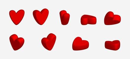 conjunto de ícones de corações. símbolo de amor do dia dos namorados, frente de ícone de coração 3d e vista de ângulo de rotação. vetor