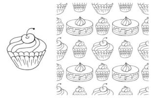 cupcake para colorir. conjunto de elemento e padrão perfeito vetor