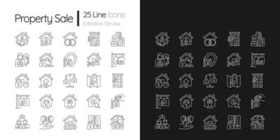 ícones lineares de venda de propriedade definidos para o modo escuro e claro. mercado imobiliário. compra de casa. símbolos de linha fina para noite, tema do dia. ilustrações isoladas. traço editável. fonte de areia movediça usada vetor