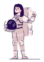 ilustração vetorial de cor rgb plana de turista espacial feminino. astronauta feminina sorridente mostrando sinal de vitória isolado personagem de desenho animado no fundo branco vetor