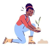 jardineiro profissional ilustração em vetor cor rgb semi plana. agricultora plantando personagem de desenho animado isolado de mudas verdes em fundo branco