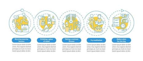 modelo de infográfico de círculo de rotina matinal. rituais cotidianos. visualização de dados com 5 passos. gráfico de informações da linha do tempo do processo. layout de fluxo de trabalho com ícones de linha. fontes regulares em negrito usadas vetor