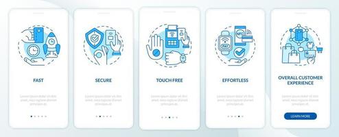 benefícios da tela de aplicativo móvel de integração azul de pagamentos sem contato. passo a passo 5 passos páginas de instruções gráficas com conceitos lineares. ui, ux, modelo de gui. uma miríade de fontes regulares pró-negrito usadas vetor