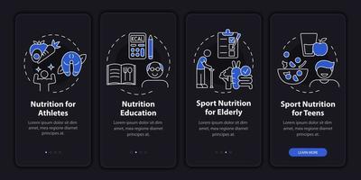 dieta para exercícios esportivos modo noturno na tela do aplicativo móvel. food walkthrough 4 etapas páginas de instruções gráficas com conceitos lineares. ui, ux, modelo de gui. uma miríade de fontes regulares pró-negrito usadas vetor