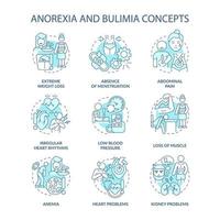 Conjunto de ícones de conceito turquesa de anorexia e bulimia nervosa. distúrbios alimentares ideia ilustrações de cores de linha fina. desenhos de contorno isolados. traço editável. roboto-medium, inúmeras fontes pró-negrito usadas vetor