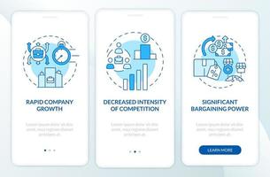 vantagens de crescimento externo tela azul da página do aplicativo móvel de integração. expansão de negócios passo a passo instruções gráficas de 3 etapas com conceitos. modelo de vetor ui, ux, gui com ilustrações coloridas lineares