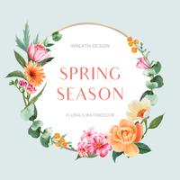 Grinalda de primavera quadro flores frescas, cartão de decoração com jardim colorido floral, casamento, convite, projeto de ilustração vetorial aquarela vetor