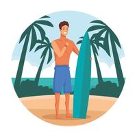 Homem jovem, em, praia, caricatura vetor