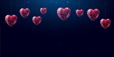 corações vermelhos pendurados. conceito de dia dos namorados com corações brilhantes de baixo poli. abstrato moderno futurista. isolado em fundo azul escuro. ilustração vetorial. vetor