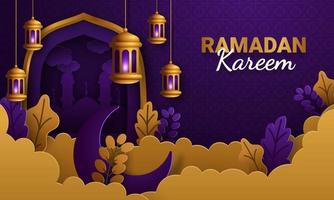 vetor de corte de papel ramadan kareem. banner ou pôster com ornamento de lanterna, estrela e nuvem, adequado para celebrar eventos do ramadã.