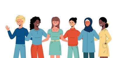 seis mulheres de diferentes nacionalidades e culturas abraçadas. dia internacional da mulher. vetor