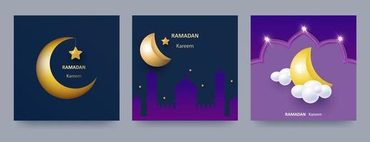 cartaz ou convite de ramadan kareem com papel 3d cortado mesquitas islâmicas, estrelas e lua crescente em fundo azul e claro. vetor