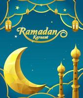 cartaz de ramadan kareem com decoração de lua crescente, lanterna e torre de mesquita vetor