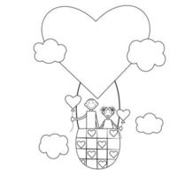 estilo de contorno menina e menino preto e branco estão voando em um balão de ar quente valentine sky vector design história de amor de um casal apaixonado