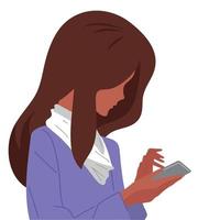 telefone, smartphone. a garota está segurando um telefone na mão, lendo uma mensagem, falando em um link de vídeo vetor