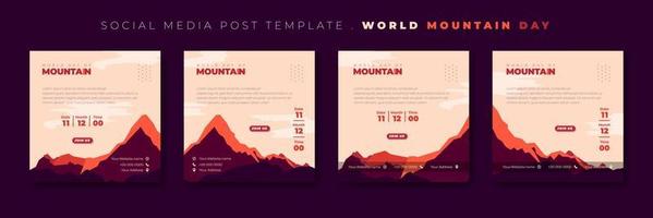 conjunto de modelo de postagem de mídia social com design de paisagem de montanha roxa. design de modelo de dia internacional da montanha. vetor