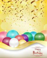 fundo de feliz aniversário com balões coloridos e confetes dourados.