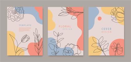 conjunto vetorial de flores de linha contínua, capas de folhas, banners, cartazes, cartões, histórias de mídia social, modelos de design de folhetos. design moderno com ondas, pastel vetor