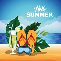 Olá cartaz de cartão de verão com desenhos animados vetor