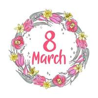 coroa de flores para o dia internacional da mulher em 8 de março. cartão postal, banner, plano de fundo. ilustração vetorial desenhada à mão. vetor