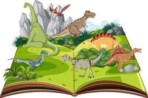 livro pop-up com cena da natureza ao ar livre e dinossauro vetor