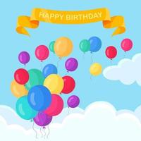 bando de balão de hélio, bolas de ar voando no céu. feliz aniversário, conceito de férias. decoração de festa. desenho de desenho vetorial