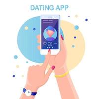 mão segure o celular com perfil de aplicativo de namoro em exibição. pedido de encontrar o amor. site para busca de casal. design plano de vetor