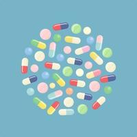 pílula e comprimidos, medicamento isolado no fundo. pilha de medicamentos, cápsulas, drogas. vetor