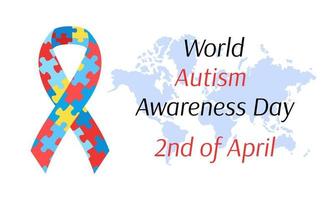 Dia mundial da conscientizaçao sobre o autismo. cartaz de vetor, banner. 2 de abril dia do autismo. fita de conscientização com quebra-cabeças, texto e mapa do mundo. ilustração vetorial plana vetor