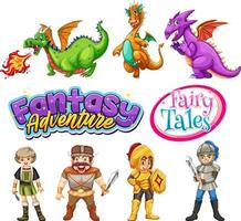 conjunto de dragões e personagens de desenhos animados de conto de fadas vetor