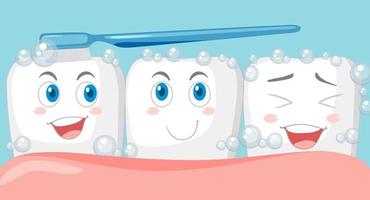 dente feliz escovando-se com uma pasta de dentes em fundo azul
