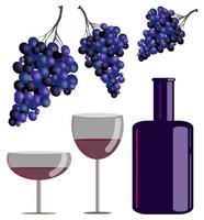 vinho borgonha, ilustração de uma garrafa de vidro e um copo de bebida de vinho, um pincel de uvas azuis vetor