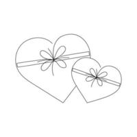 duas caixas de presente em forma de coração desenhadas por uma linha. esboço festivo. arte romântica de desenho de linha contínua. minimalismo. ilustração vetorial. vetor