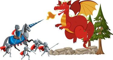guerreiros blindados lutando com dragão antigo vetor