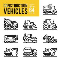 Ícones de contorno de veículo e transporte de construção. Pixel Perfect Icon Base em 64px. vetor