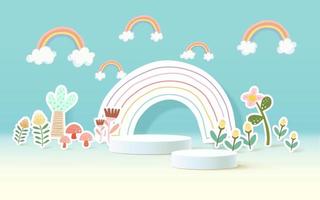 banner de paisagem de corte de papel com arco-íris e nuvens feitas em arte de artesanato de papel realista. exibição de produto de pódio colorido para crianças vetor