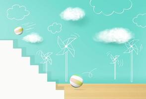renderização de cena de piso de madeira vazio com fundo de moinho de vento e nuvem para apresentação de produtos