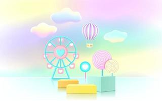 Pódio de renderização 3D, fundo de cor pastel, nuvens e clima com espaço vazio para crianças ou produtos para bebês. vetor