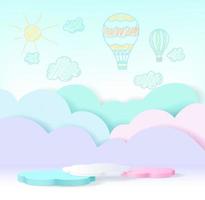 Pódio de produto 3d, fundo de cor pastel, nuvens, clima com espaço vazio para crianças ou produtos para bebês. vetor