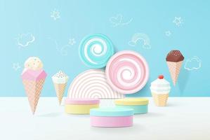 Estilo de criança de pódio de renderização 3D com fundo pastel colorido com espaço para crianças ou produtos para bebês vetor