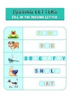 preencha a letra que falta em cada planilha de palavras para crianças