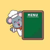 personagem de desenho animado de mascote de chef de rato bonito com placa de menu