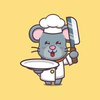 personagem de desenho animado de mascote de chef de rato fofo com faca e prato vetor