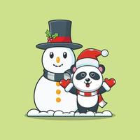 personagem de desenho animado de panda fofo com boneco de neve vetor