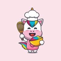 personagem de desenho animado de mascote de chef unicórnio fofo com massa de bolo vetor