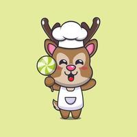 personagem de desenho animado de mascote de chef de veado bonito segurando doces vetor