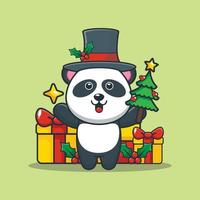 panda fofo segurando estrela e árvore de natal vetor