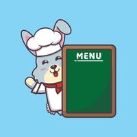 personagem de desenho animado de mascote de chef de coelho fofo com placa de menu vetor