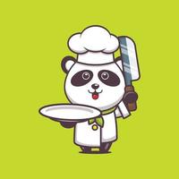 personagem de desenho animado de mascote de chef panda bonito com faca e prato vetor